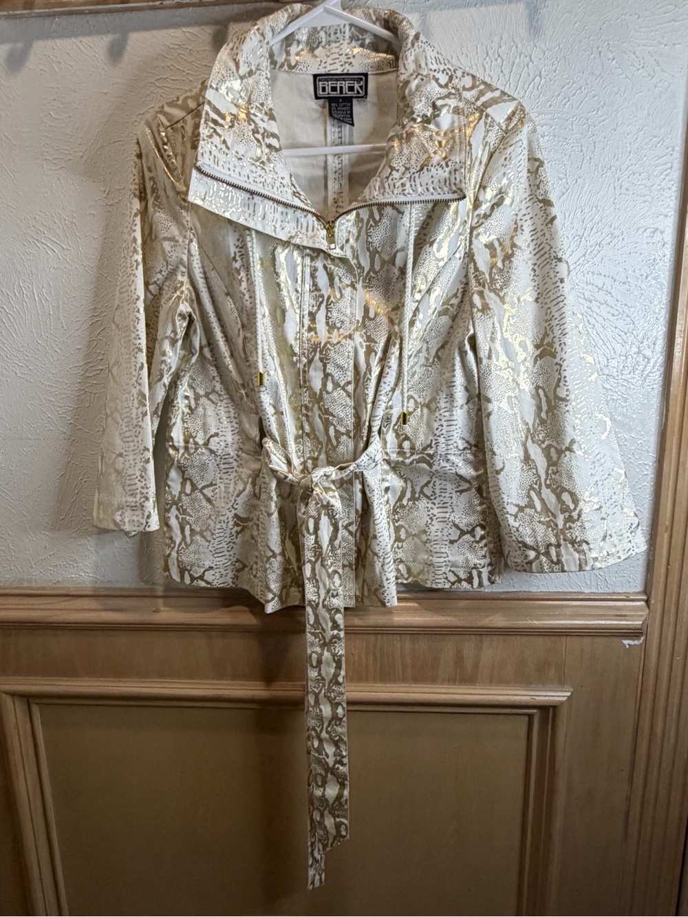 Berek Cream and Gold Snake-Print Belted Jacket